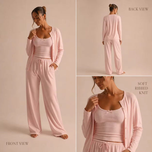CloudRib™ 3-Piece Lounge Set – Tank Top, Cardigan & Wide-Leg Pants - BYS