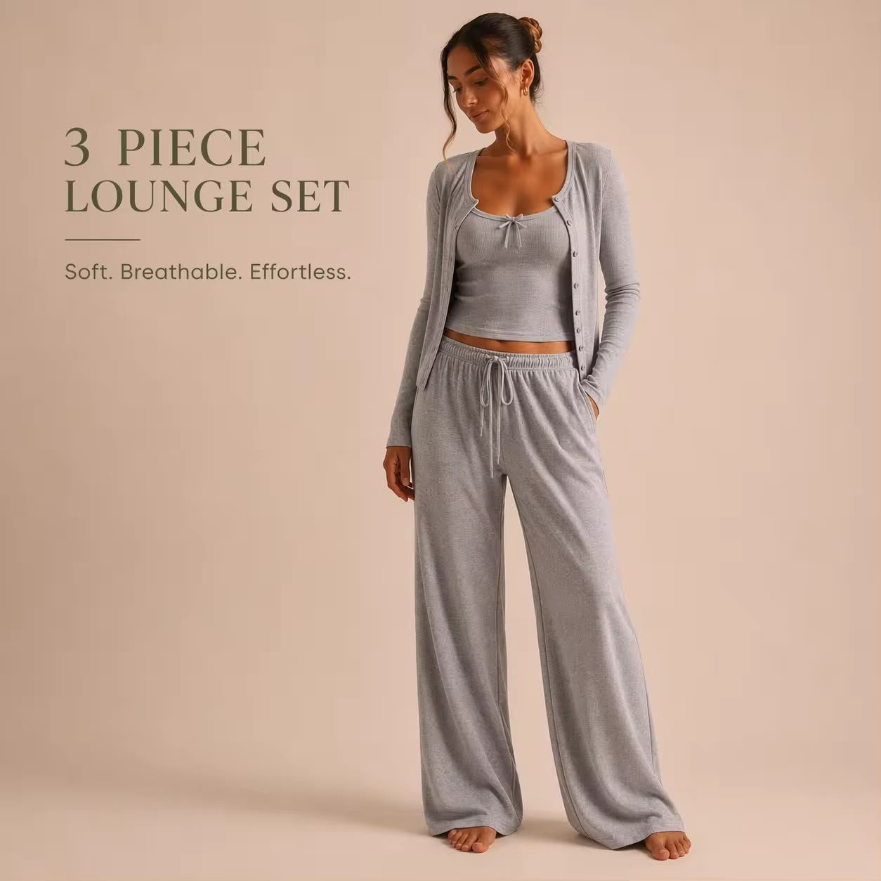 CloudRib™ 3-Piece Lounge Set – Tank Top, Cardigan & Wide-Leg Pants - BYS