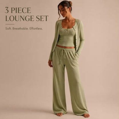 CloudRib™ 3-Piece Lounge Set – Tank Top, Cardigan & Wide-Leg Pants - BYS