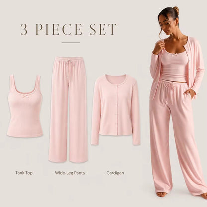 CloudRib™ 3-Piece Lounge Set – Tank Top, Cardigan & Wide-Leg Pants - BYS