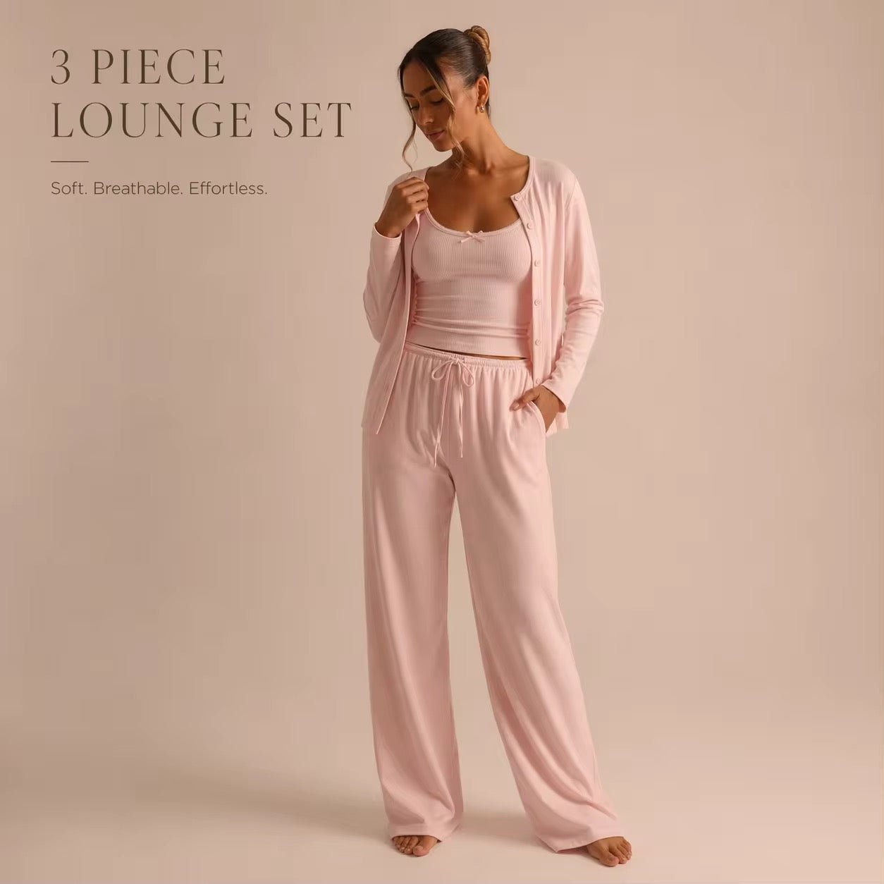 CloudRib™ 3-Piece Lounge Set – Tank Top, Cardigan & Wide-Leg Pants - BYS