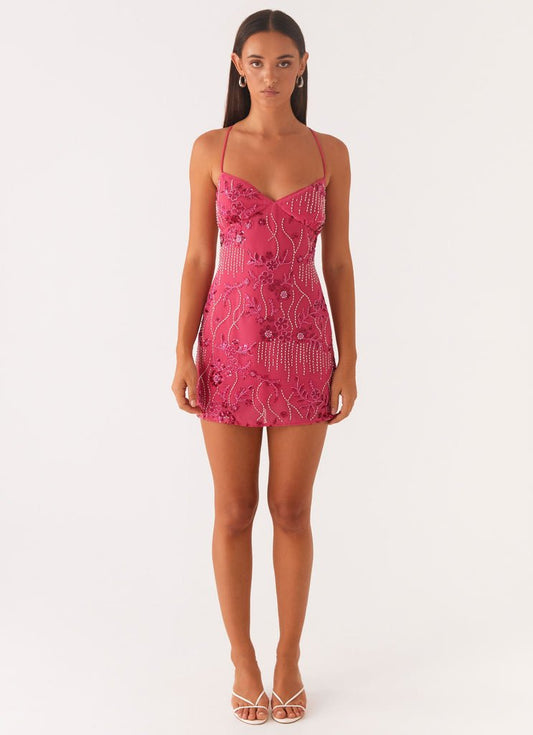 Floral Beaded Embroidery Mini Dress - BYS